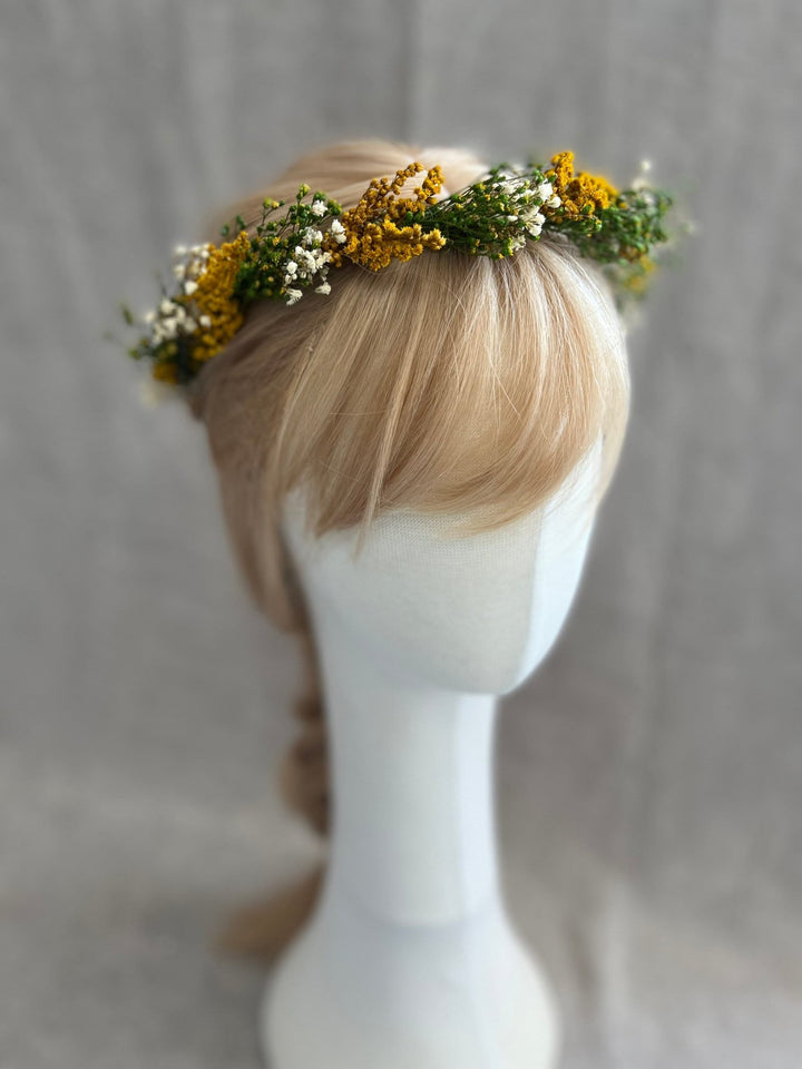 Preserved Flower Hair Wreath: Green, Ochre & Ivory Bridal Crown – handmade floral hair accessory by magaela