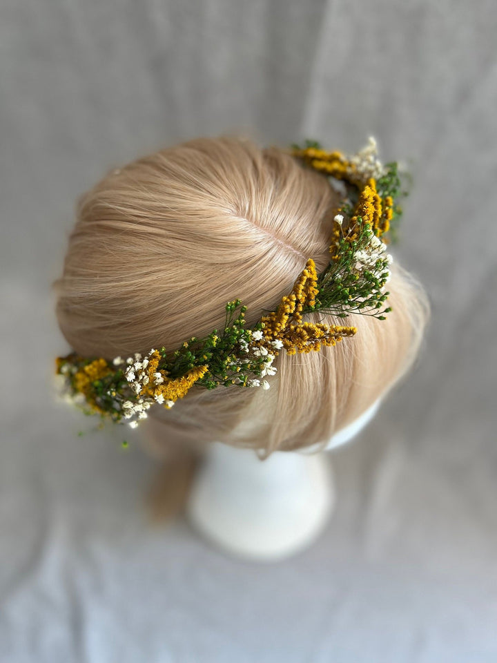 Preserved Flower Hair Wreath: Green, Ochre & Ivory Bridal Crown – handmade floral hair accessory by magaela