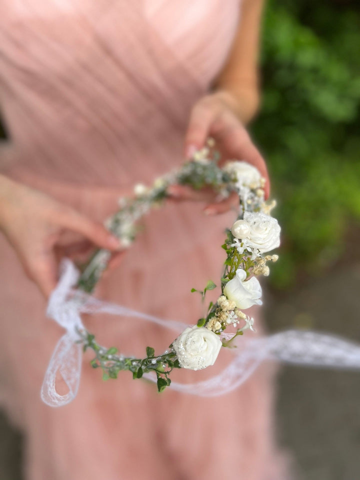 Ivory Rose Flower Crown: Bridal Hair Wreath with Pearls & Lace – handmade floral hair accessory by magaela