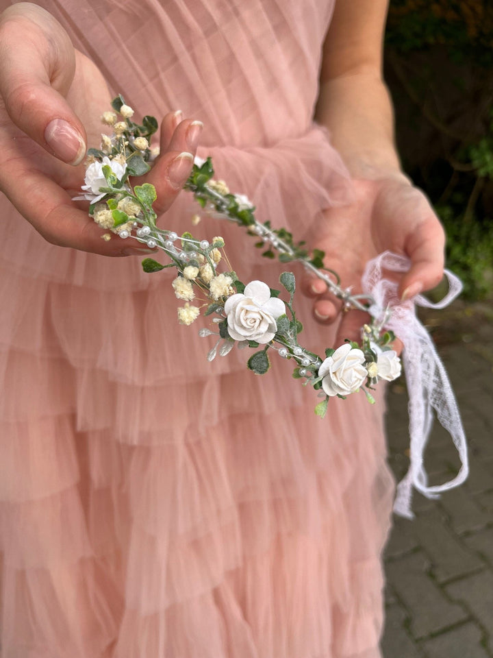 White Rose Wedding Crown: Bridal Headpiece with Pearls & Baby's Breath – handmade floral hair accessory by magaela
