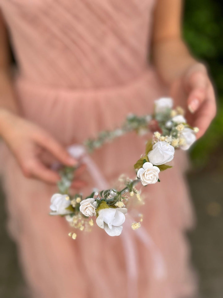 White Rose Bridal Crown: Pearl Wedding Flower Wreath – handmade floral hair accessory by magaela