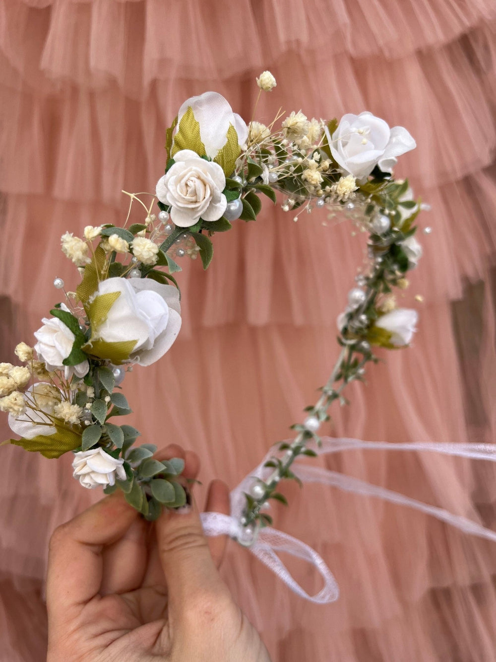 White Rose Bridal Crown: Pearl Wedding Flower Wreath – handmade floral hair accessory by magaela
