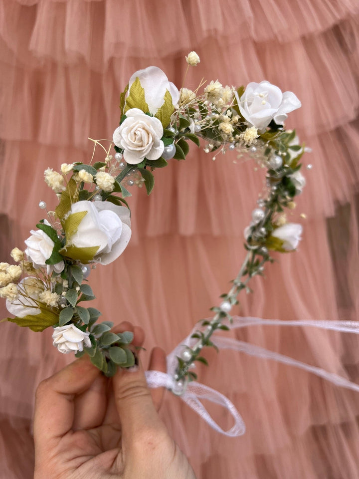 White Rose Bridal Crown: Pearl Wedding Flower Wreath – handmade floral hair accessory by magaela