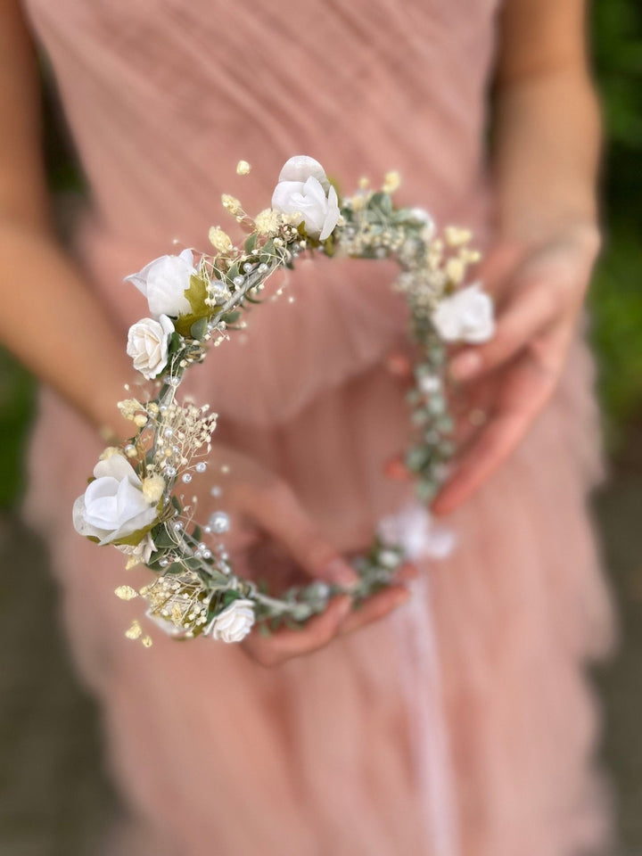 White Rose Bridal Crown: Pearl Wedding Flower Wreath – handmade floral hair accessory by magaela