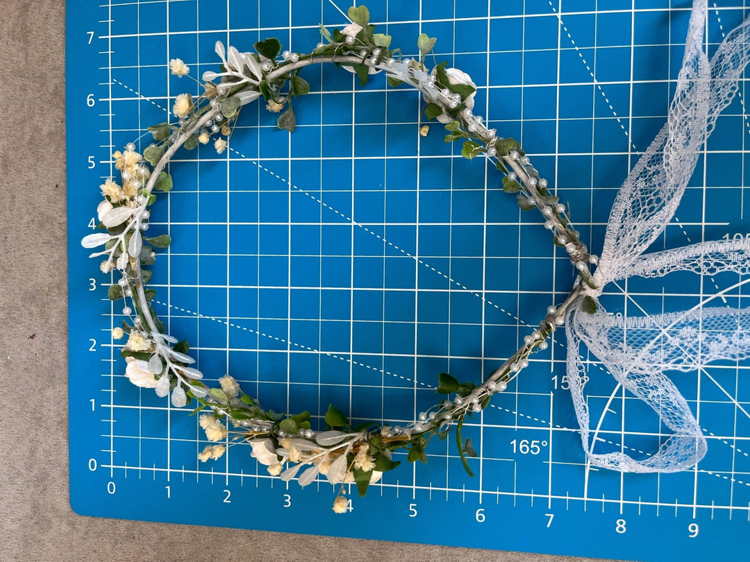 White Rose Wedding Crown: Bridal Headpiece with Pearls & Baby's Breath – handmade floral hair accessory by magaela