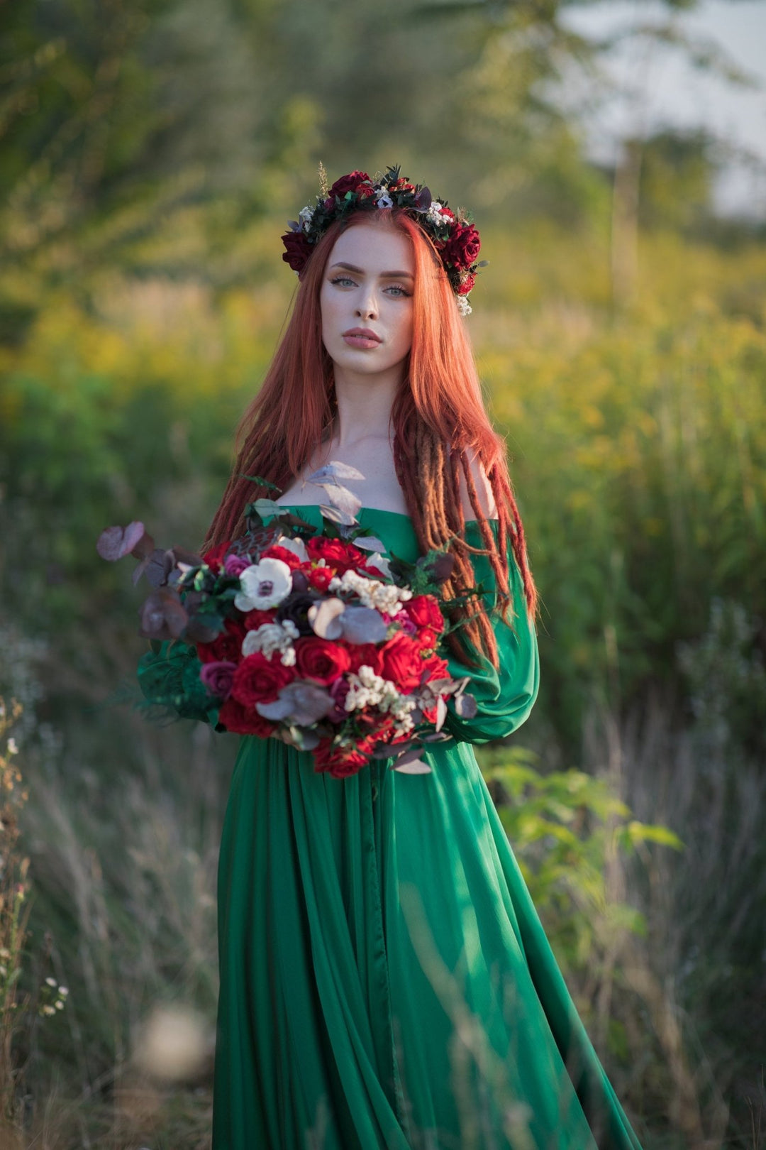 Red Rose Bridal Bouquet: Autumn Wedding Bouquet with Eucalyptus – handmade floral hair accessory by magaela