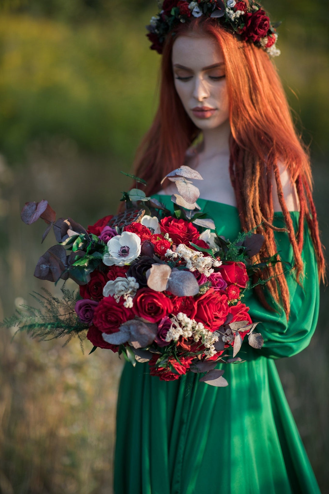 Red Rose Bridal Bouquet: Autumn Wedding Bouquet with Eucalyptus – handmade floral hair accessory by magaela