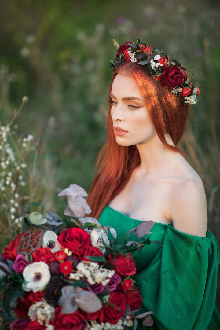 Red Rose Bridal Bouquet: Autumn Wedding Bouquet with Eucalyptus – handmade floral hair accessory by magaela