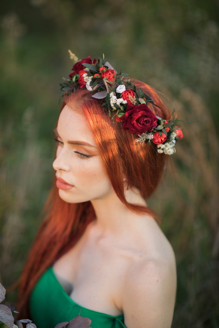 Red Rose Boho Wedding Crown: Bridal Hair Wreath – handmade floral hair accessory by magaela
