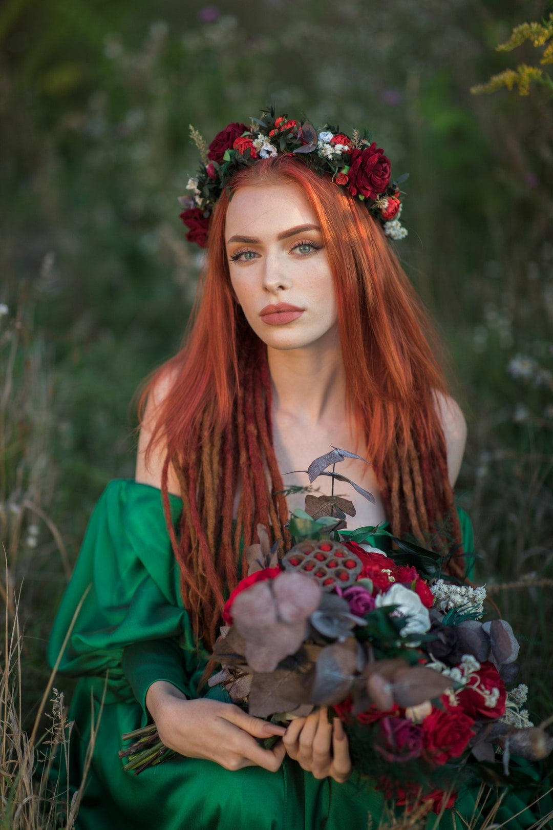 Red Rose Boho Wedding Crown: Bridal Hair Wreath – handmade floral hair accessory by magaela