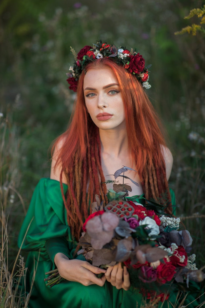 Red Rose Boho Wedding Crown: Bridal Hair Wreath – handmade floral hair accessory by magaela