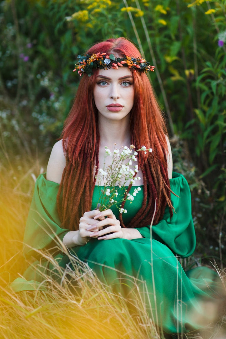 Burnt Orange Dried Flower Crown: Autumn Bride Hair Wreath – handmade floral hair accessory by magaela