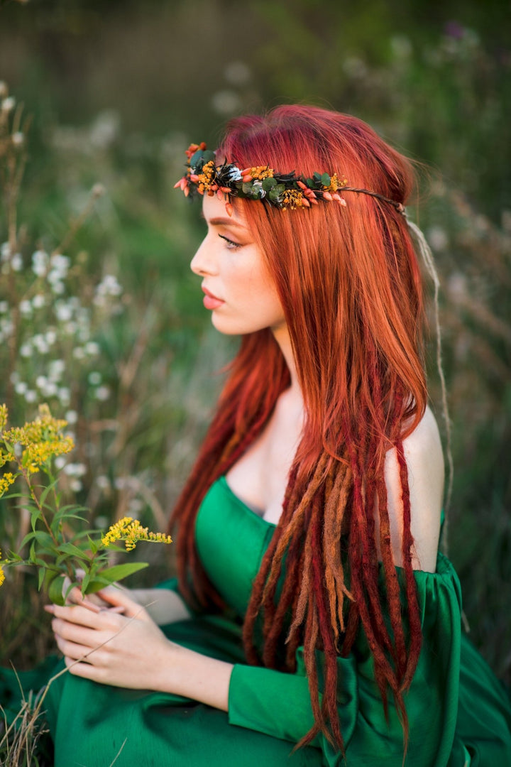 Burnt Orange Dried Flower Crown: Autumn Bride Hair Wreath – handmade floral hair accessory by magaela