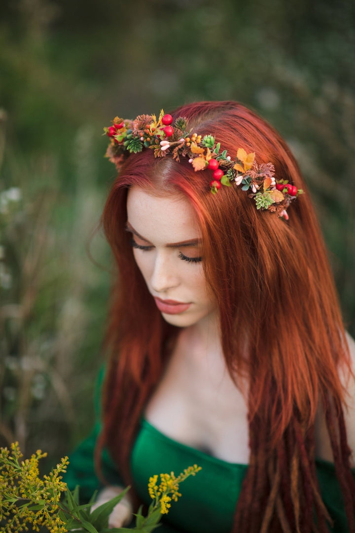 Autumn Flower Half Wreath: Berries, Burnt Orange Bridal Crown – handmade floral hair accessory by magaela