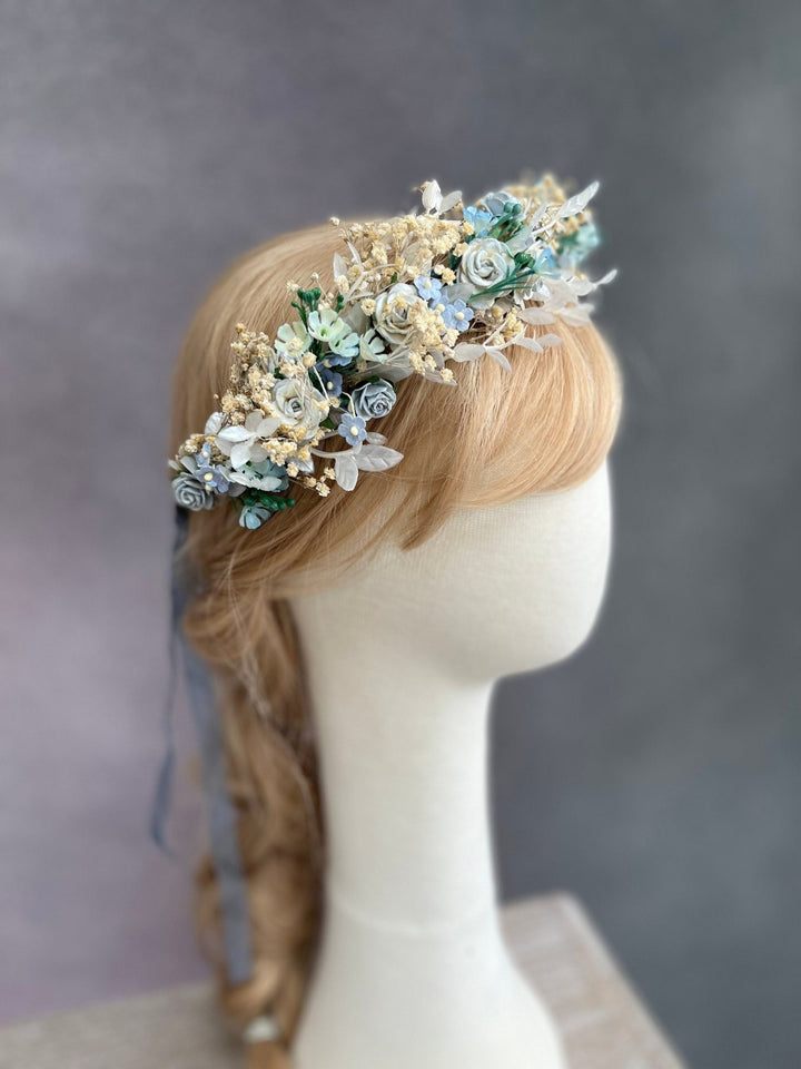 Dusty Blue Flower Crown: Bridal Hair Wreath, Baby's Breath Boho Crown – handmade floral hair accessory by magaela