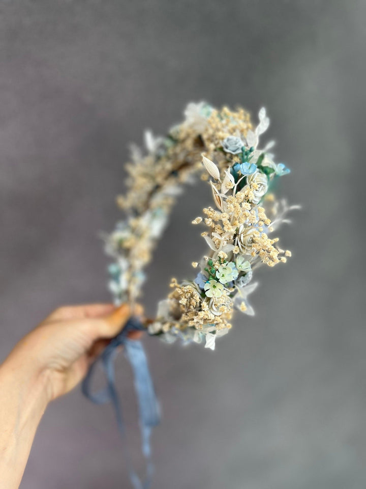 Dusty Blue Flower Crown: Bridal Hair Wreath, Baby's Breath Boho Crown – handmade floral hair accessory by magaela