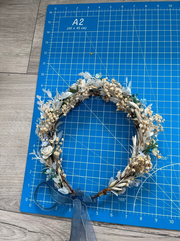 Dusty Blue Flower Crown: Bridal Hair Wreath, Baby's Breath Boho Crown – handmade floral hair accessory by magaela