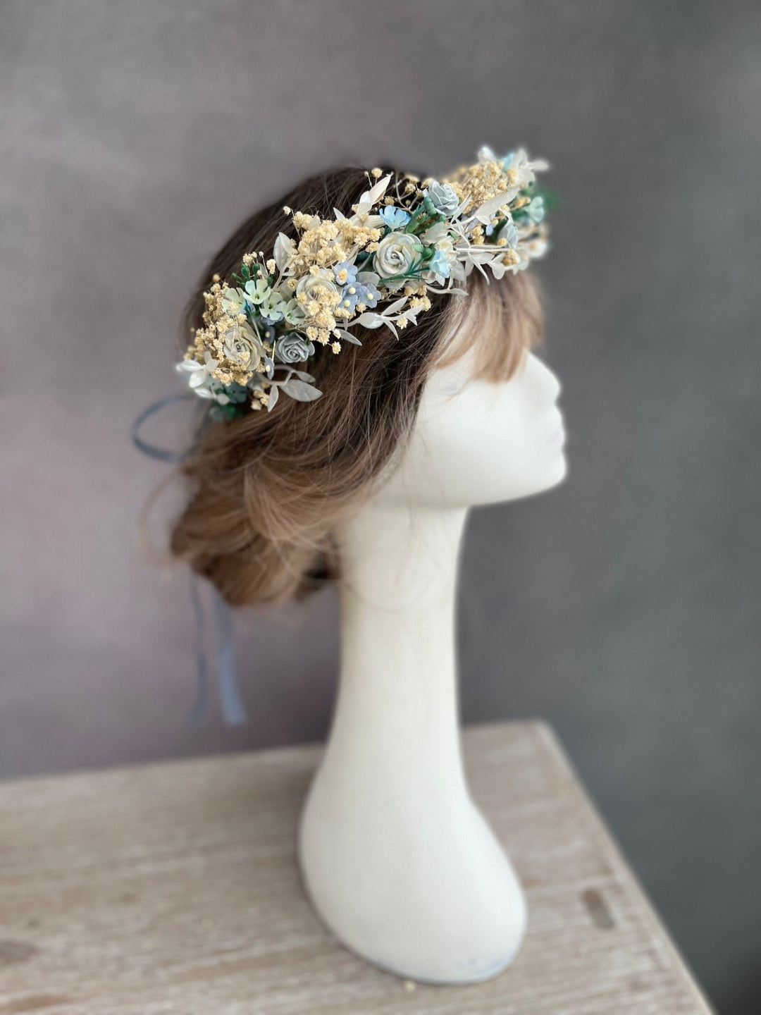 Dusty Blue Flower Crown: Bridal Hair Wreath, Baby's Breath Boho Crown – handmade floral hair accessory by magaela