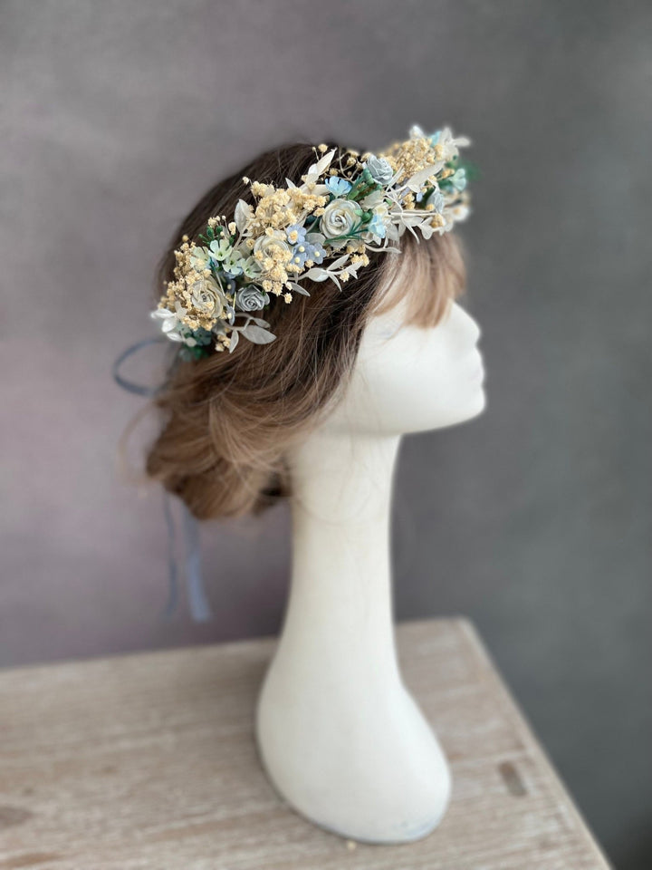 Dusty Blue Flower Crown: Bridal Hair Wreath, Baby's Breath Boho Crown – handmade floral hair accessory by magaela