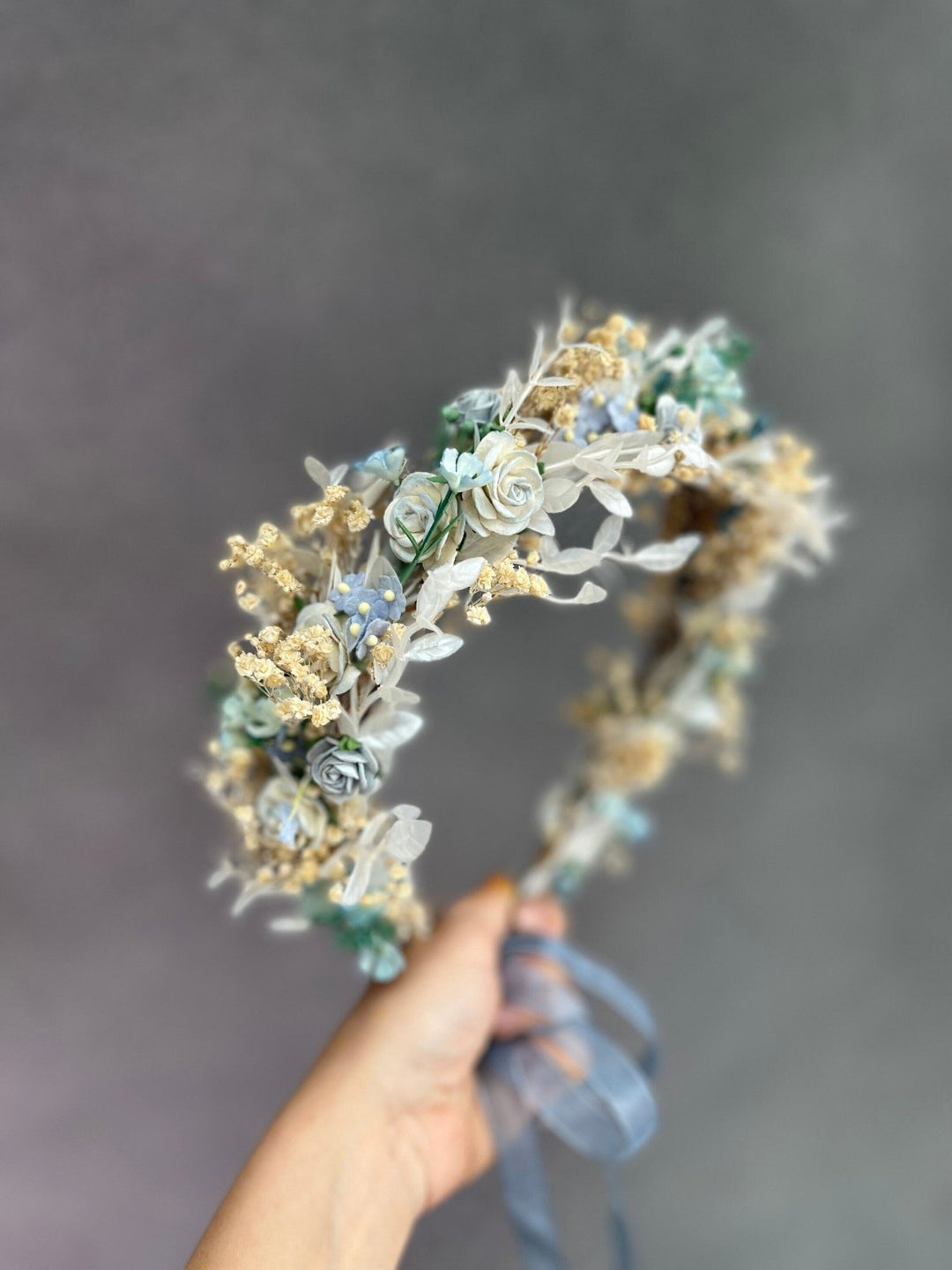 Dusty Blue Flower Crown: Bridal Hair Wreath, Baby's Breath Boho Crown – handmade floral hair accessory by magaela