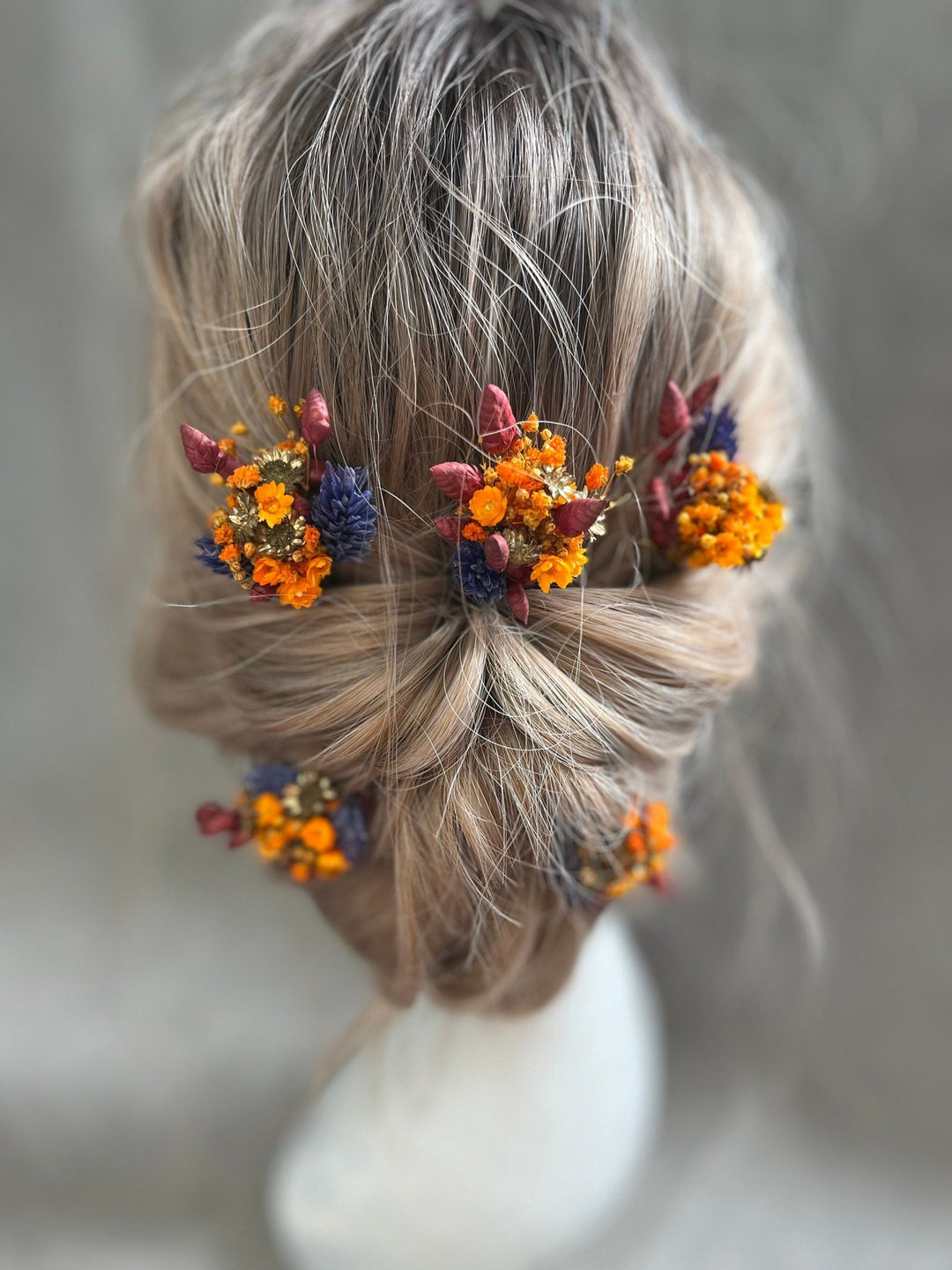 Autumn Flower Hair Pins: Burnt Orange & Navy Wedding Hair Flowers – handmade floral hair accessory by magaela