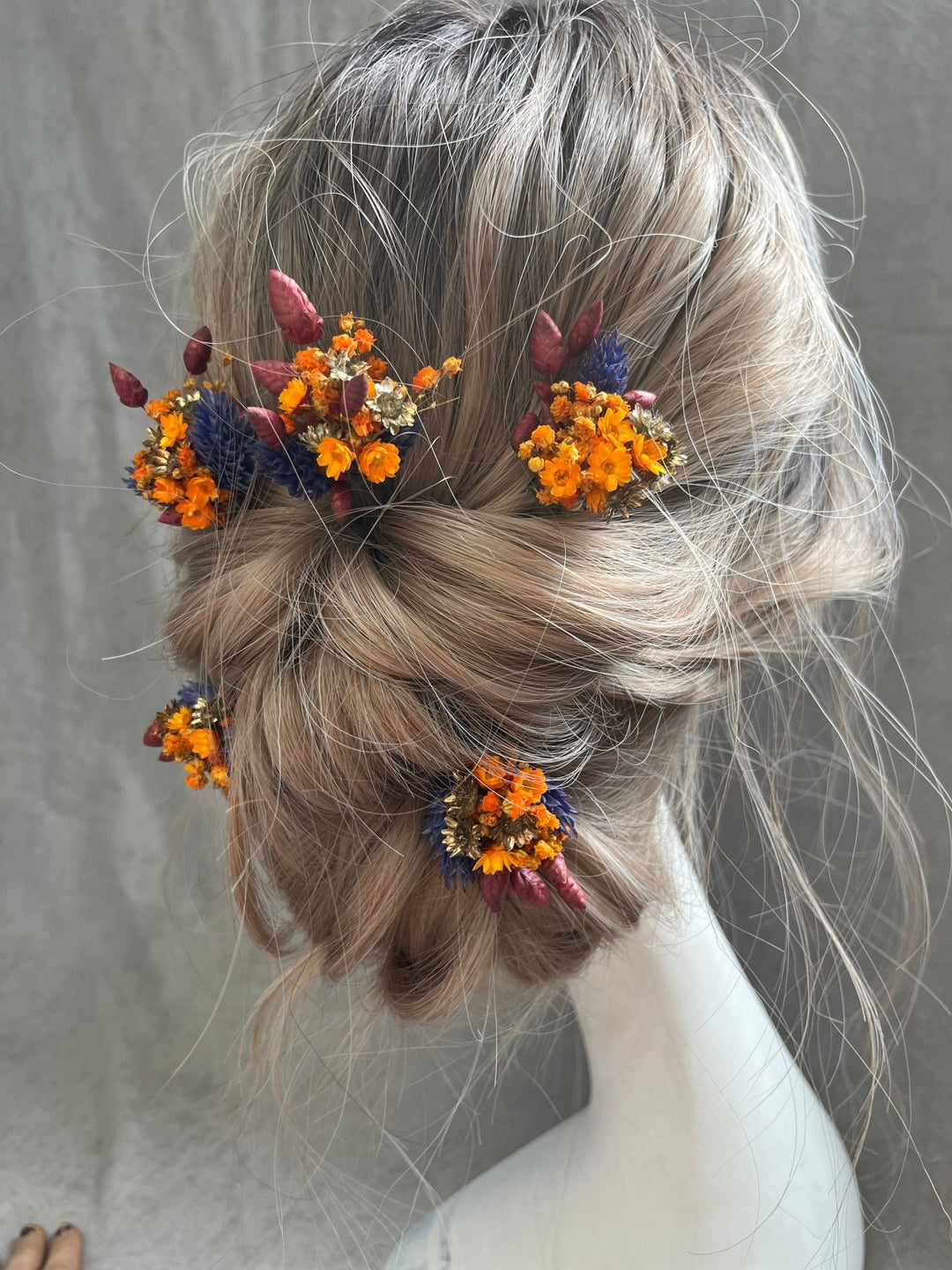 Autumn Flower Hair Pins: Burnt Orange & Navy Wedding Hair Flowers – handmade floral hair accessory by magaela