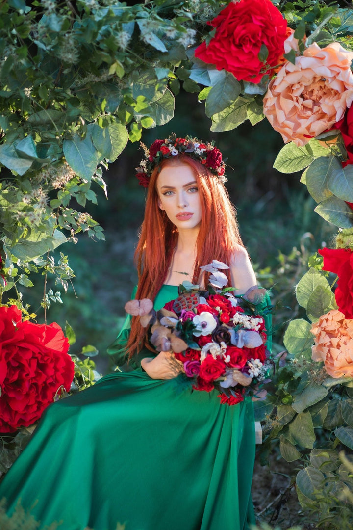 Red Rose Boho Wedding Crown: Bridal Hair Wreath – handmade floral hair accessory by magaela