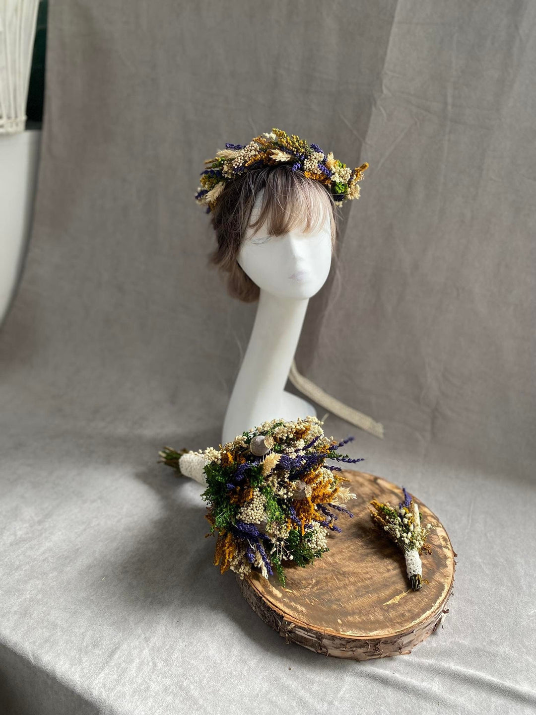 Preserved Flower Wedding Crown: Lavender & Wheat Hair Wreath – handmade floral hair accessory by magaela