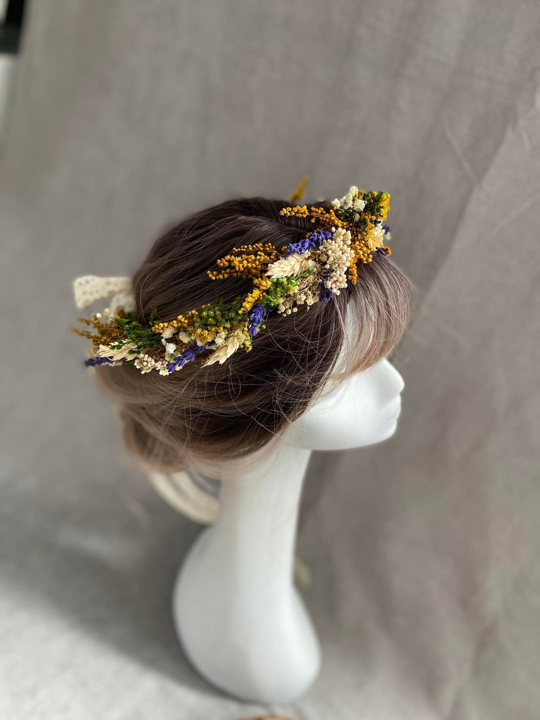 Preserved Flower Wedding Crown: Lavender & Wheat Hair Wreath – handmade floral hair accessory by magaela