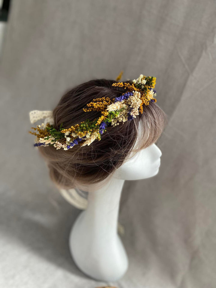 Preserved Flower Wedding Crown: Lavender & Wheat Hair Wreath – handmade floral hair accessory by magaela