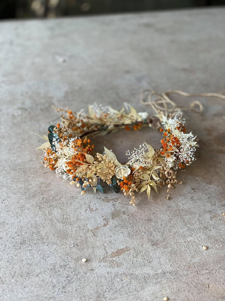 Burnt Orange Flower Crown: Rustic Autumn Wedding Headpiece – handmade floral hair accessory by magaela