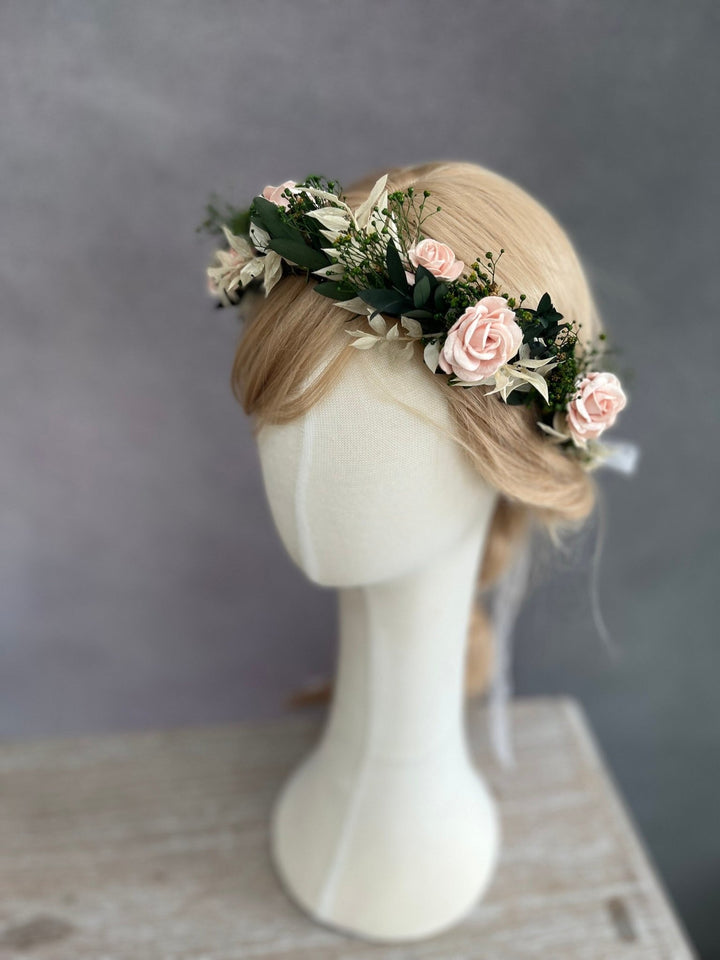 Blush Rose Wedding Hair Wreath: Romantic Bridal Flower Crown – handmade floral hair accessory by magaela