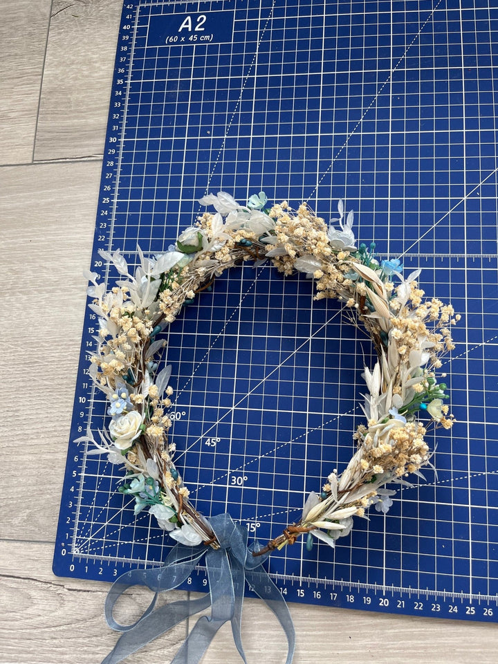 Dusty Blue Flower Crown: Bridal Hair Wreath, Baby's Breath Boho Crown – handmade floral hair accessory by magaela