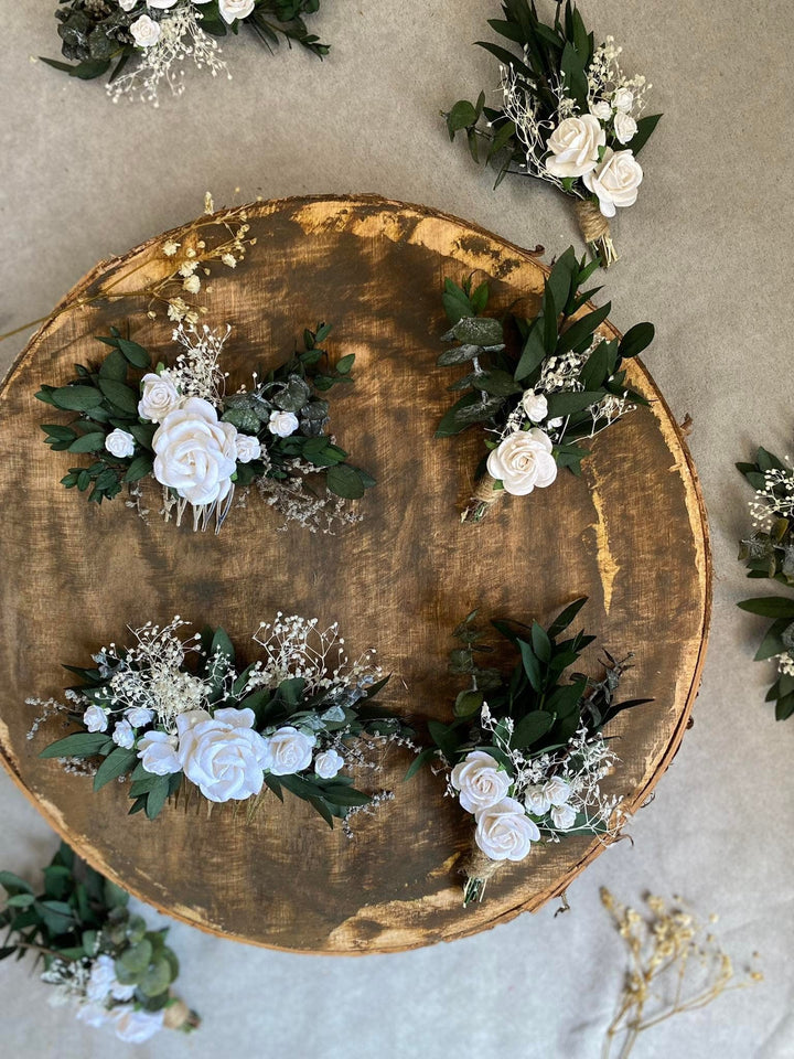 Green & White Boutonniere: Rose Wedding Buttonhole – handmade floral hair accessory by magaela