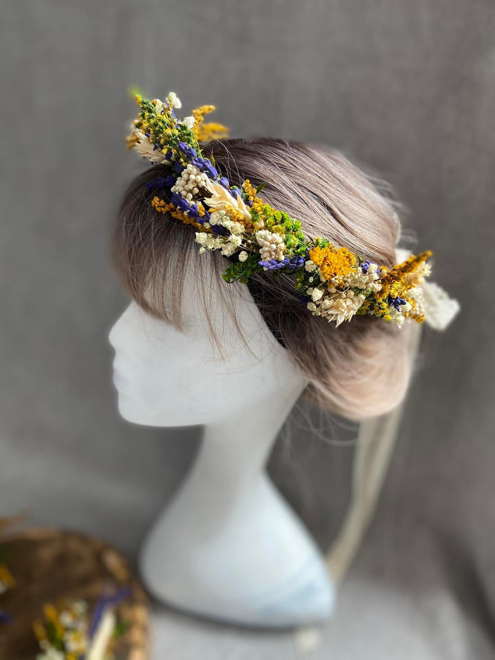 Preserved Flower Wedding Crown: Lavender & Wheat Hair Wreath – handmade floral hair accessory by magaela