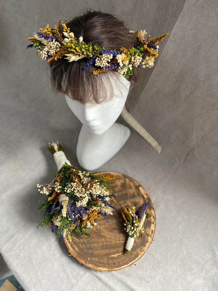 Preserved Flower Wedding Crown: Lavender & Wheat Hair Wreath – handmade floral hair accessory by magaela