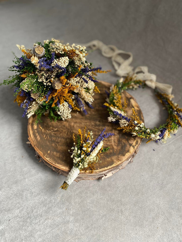 Preserved Flower Wedding Crown: Lavender & Wheat Hair Wreath – handmade floral hair accessory by magaela