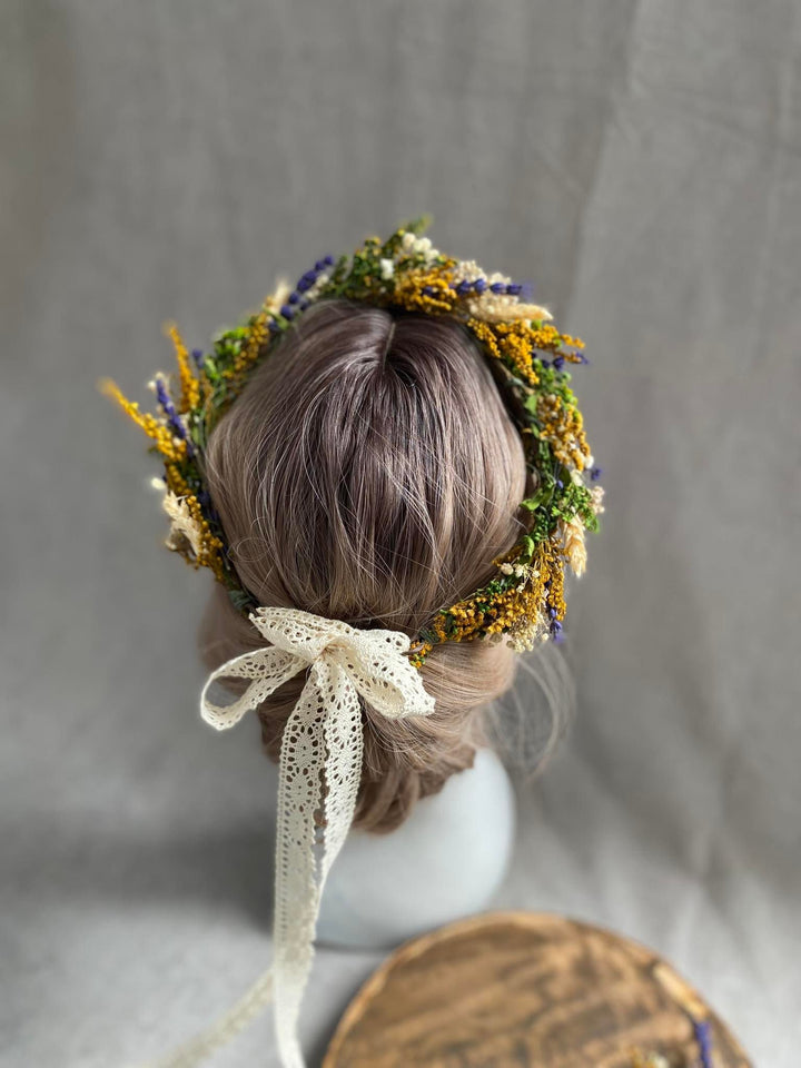 Preserved Flower Wedding Crown: Lavender & Wheat Hair Wreath – handmade floral hair accessory by magaela