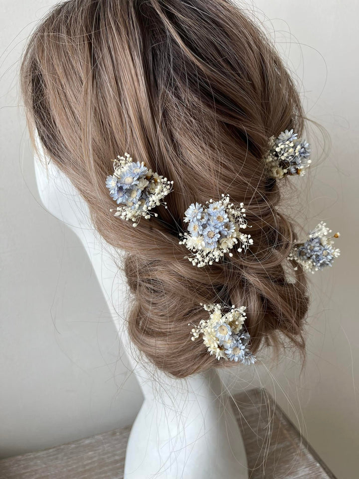 Blue & Ivory Dried Flower Hairpins: Wedding Bridal Hair Accessory – handmade floral hair accessory by magaela