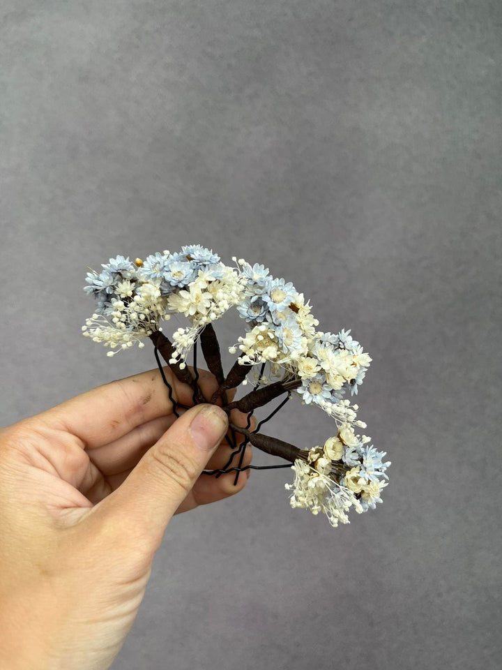 Blue & Ivory Dried Flower Hairpins: Wedding Bridal Hair Accessory – handmade floral hair accessory by magaela