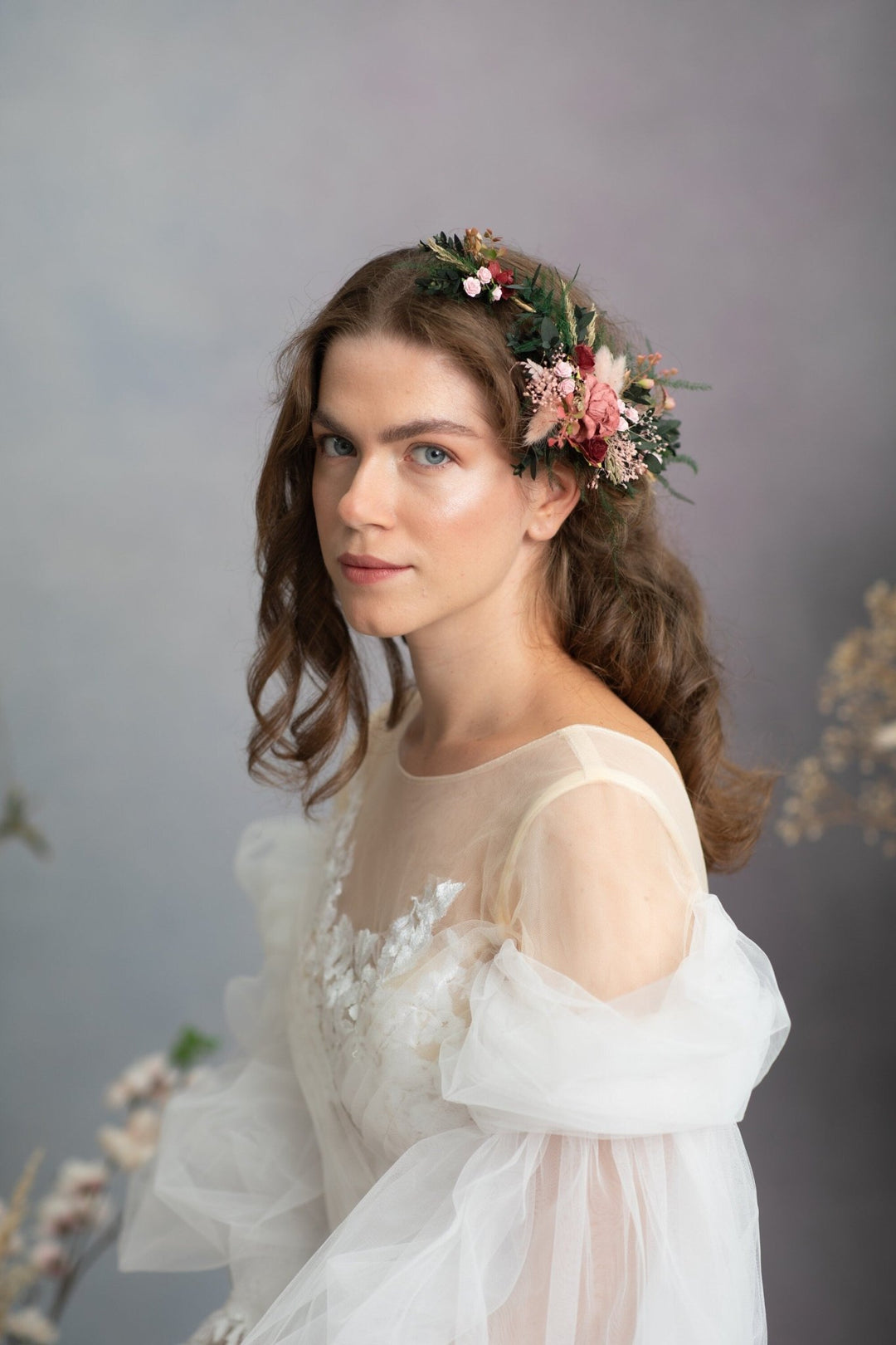 Burgundy Flower Hair Vine: Romantic Bridal Headpiece – handmade floral hair accessory by magaela