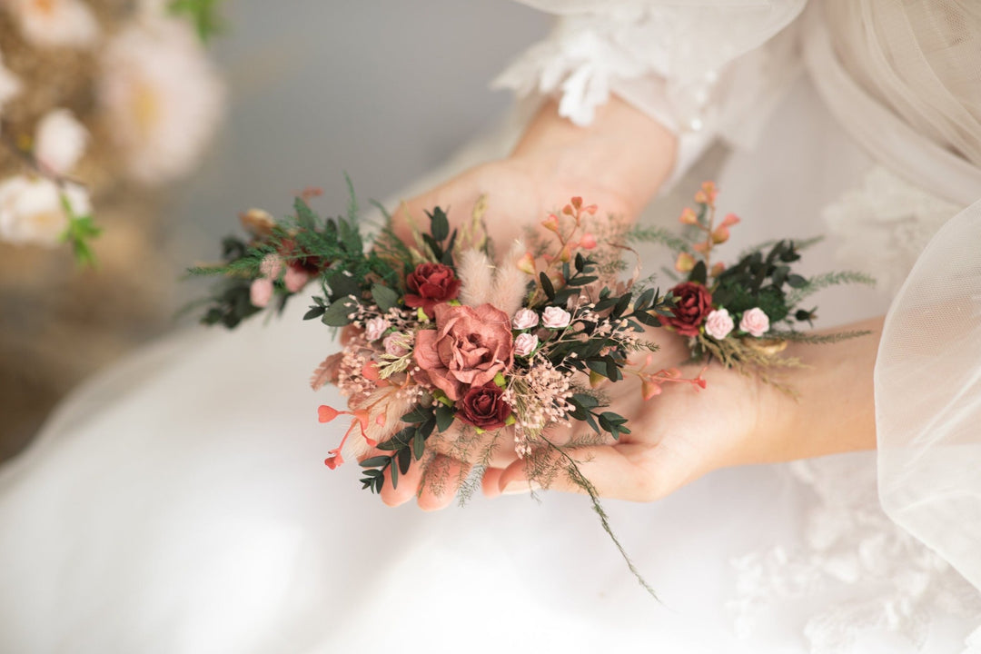 Burgundy Flower Hair Vine: Romantic Bridal Headpiece – handmade floral hair accessory by magaela