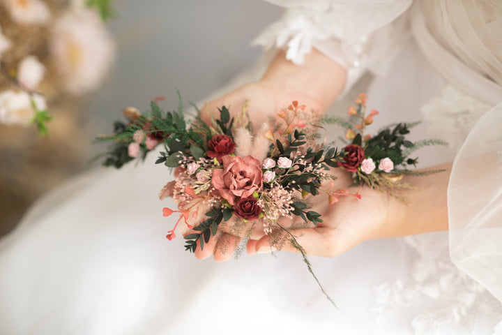Burgundy Flower Hair Vine: Romantic Bridal Headpiece – handmade floral hair accessory by magaela