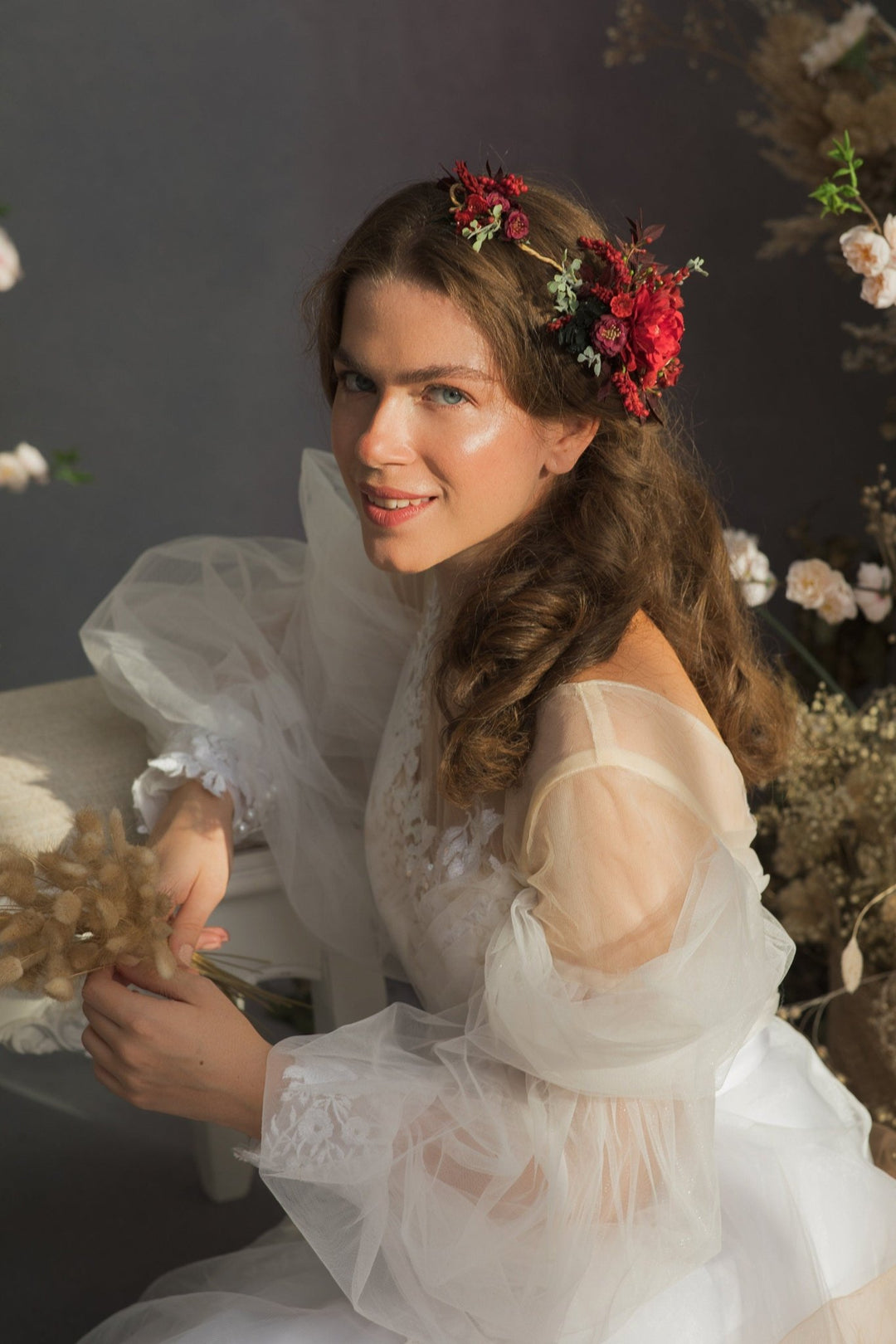 Red Burgundy Flower Hair Vine: Bridal Wedding Headpiece – handmade floral hair accessory by magaela