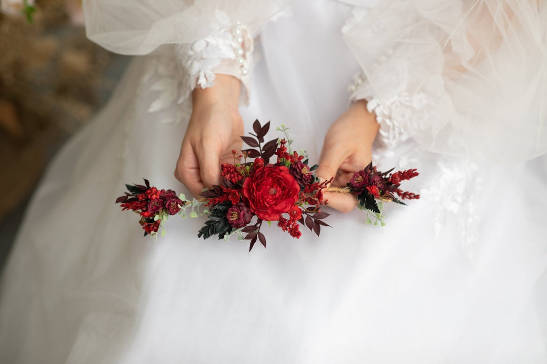 Red Burgundy Flower Hair Vine: Bridal Wedding Headpiece – handmade floral hair accessory by magaela