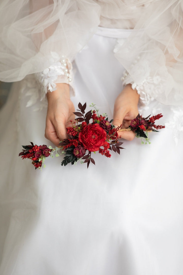 Red Burgundy Flower Hair Vine: Bridal Wedding Headpiece – handmade floral hair accessory by magaela
