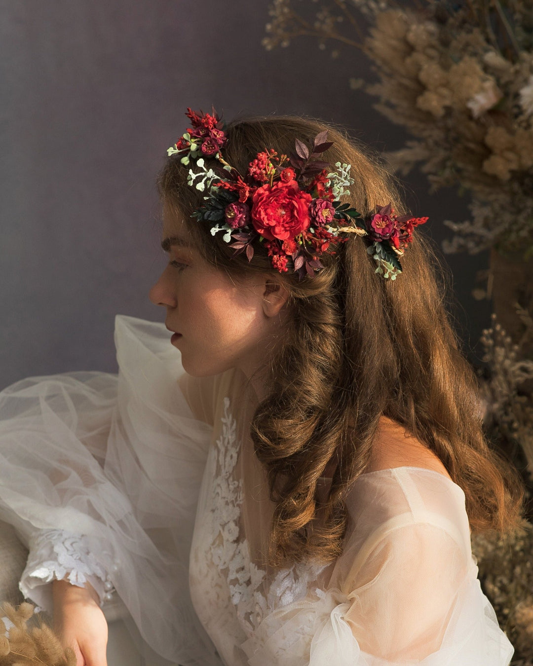 Red Burgundy Flower Hair Vine: Bridal Wedding Headpiece – handmade floral hair accessory by magaela