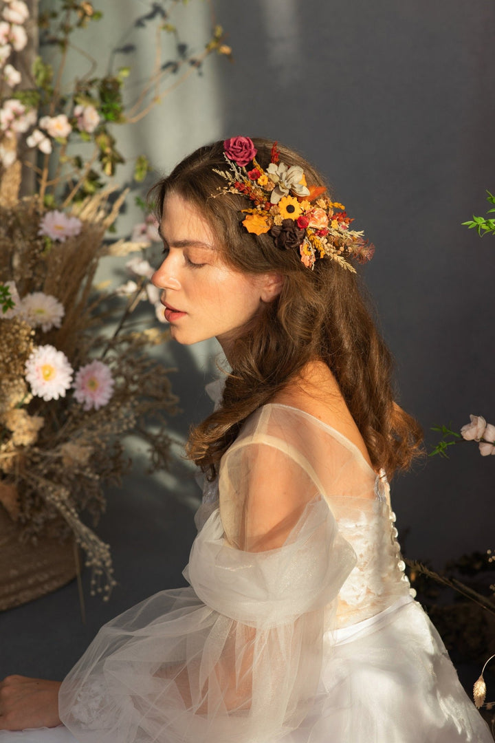 Autumn Flower Hair Vine: Bridal Headpiece, Fall Wedding Accessory – handmade floral hair accessory by magaela