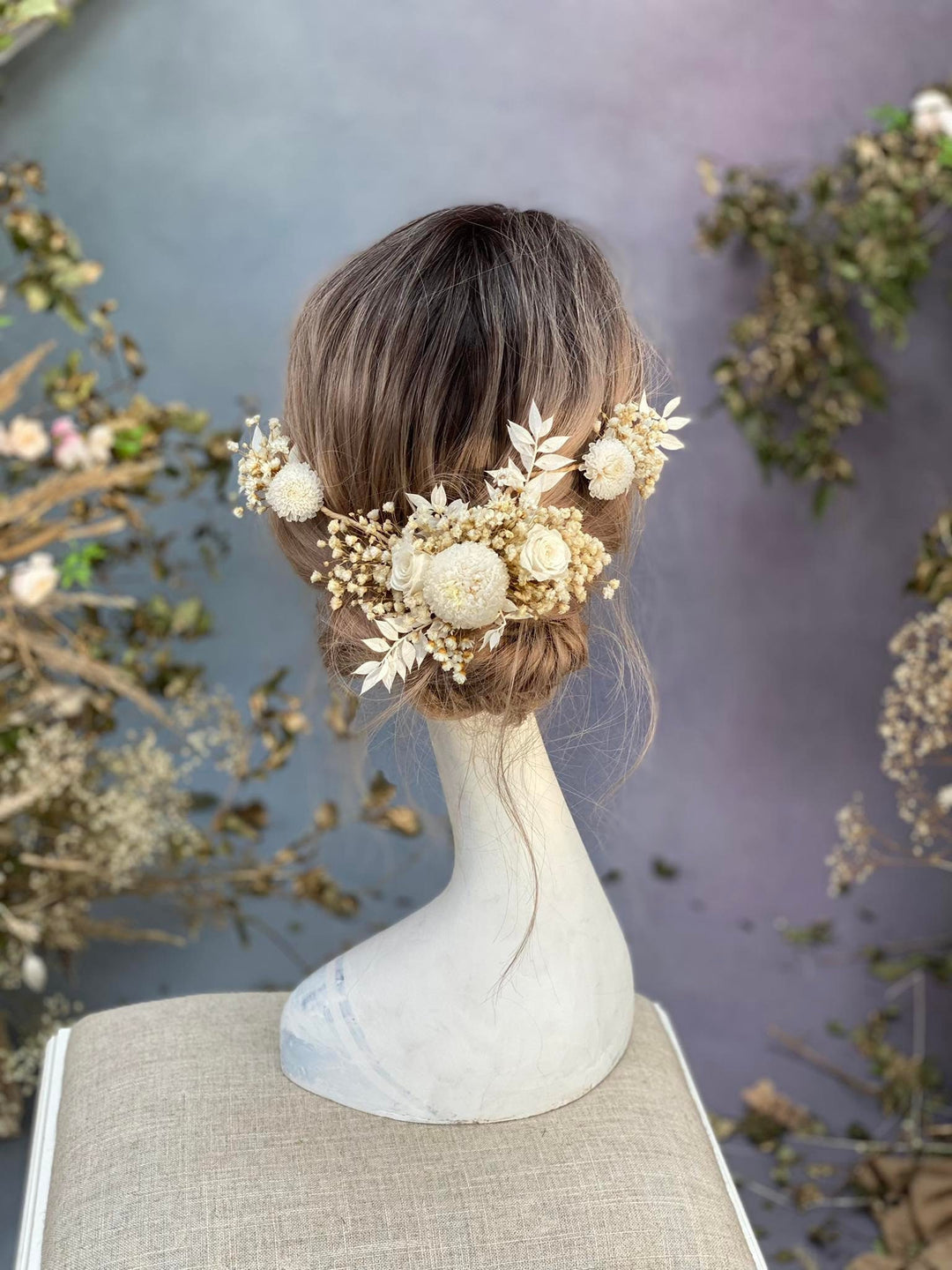 Ivory Preserved Flower Wedding Hair Vine - Bridal Headpiece – handmade floral hair accessory by magaela