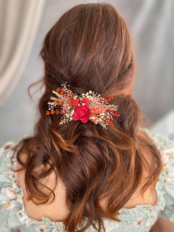 Red Rose Hair Clip: Bridal Autumn Wedding Barrette – handmade floral hair accessory by magaela